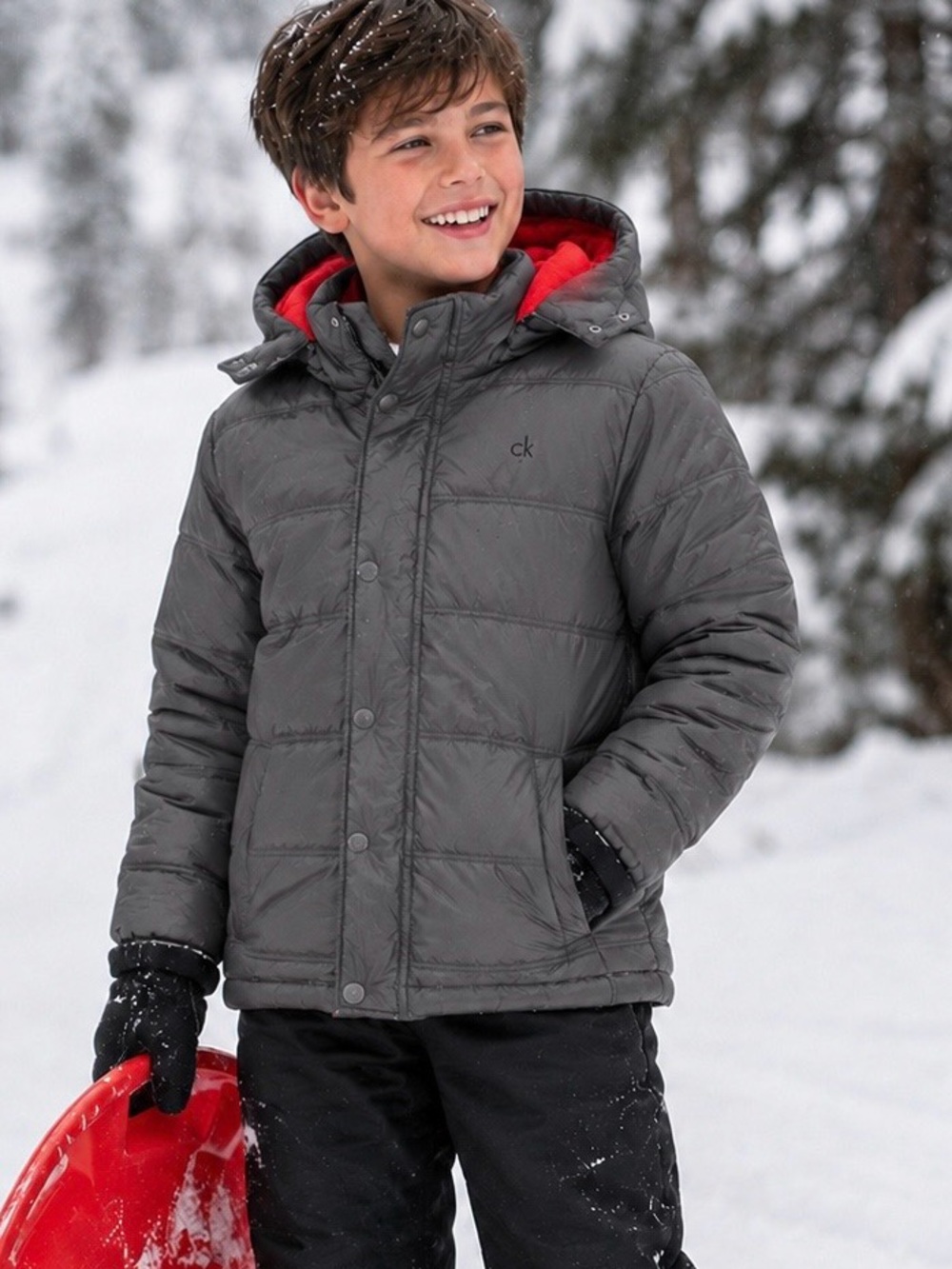 Calvin Klein Kids Gray Puffer Jacket with Red Hood Lining S/8